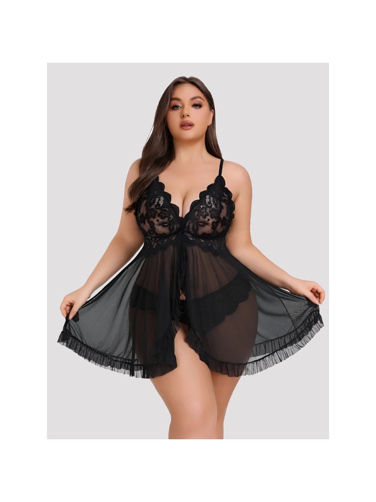 Herryqeal Lace Open Front Strap Babydoll with Panty Black (Set of 2)