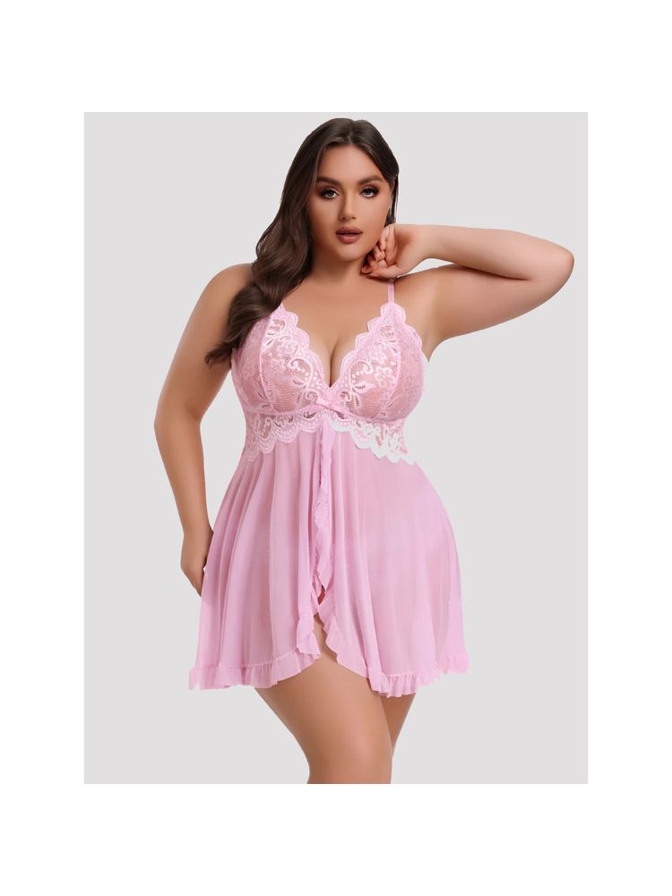 Herryqeal Lace Open Front Strap Babydoll with Panty Pink (Set of 2)-image-3