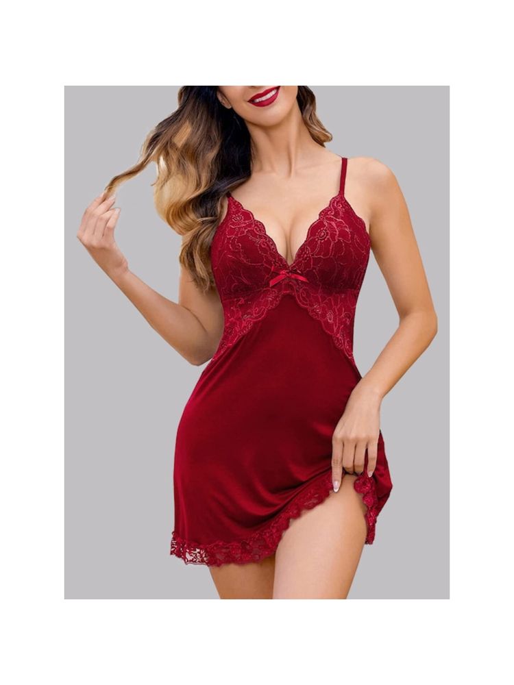 Herryqeal Womens Spaghetti Strap Babydoll with Panty Maroon (Set of 2)