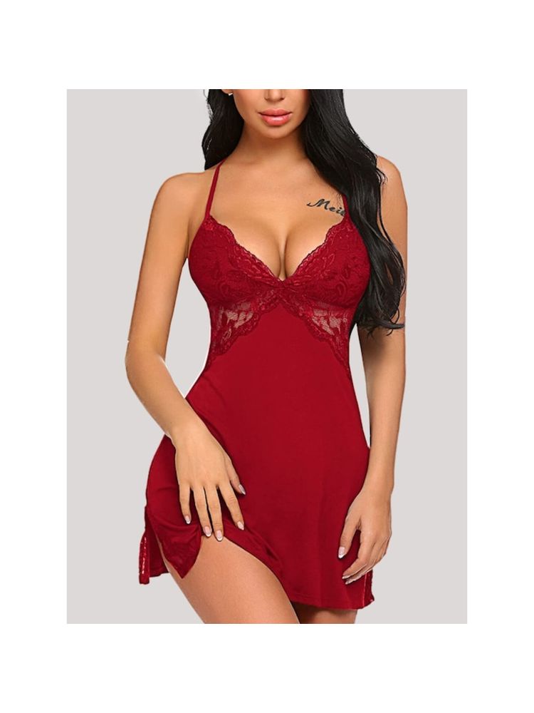 Herryqeal Women Lingerie Lace Chemise Sleepwear Babydoll with Panty Maroon (Set of 2)-picture-23