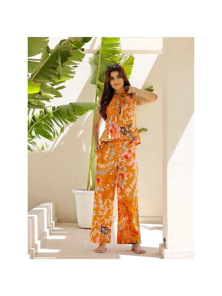 sanskrutihomes SAY Printed Mandarin Collar Sleeveless Pure Cotton Night Suit Orange (Set of 2)-picture-24