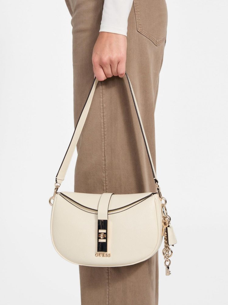 guess fashion Guess Off White Solid Brooke Satchel Bag with Detachable Strap-picture-18