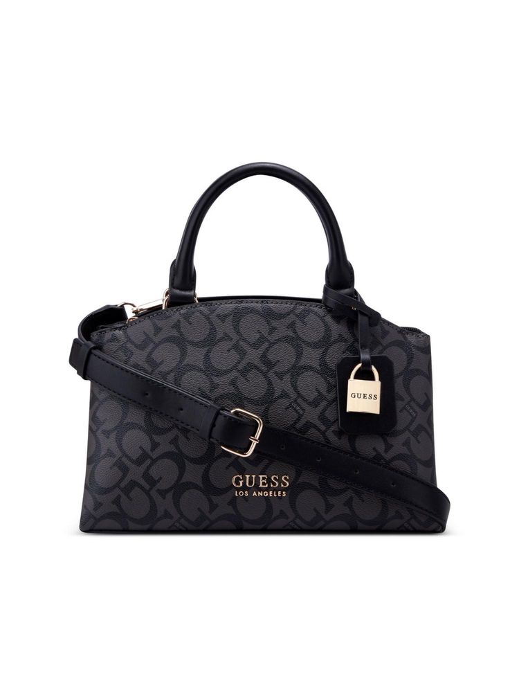 Guess Charcoal Monogram Easley Satchel Bag With Detachable Strap-image-14