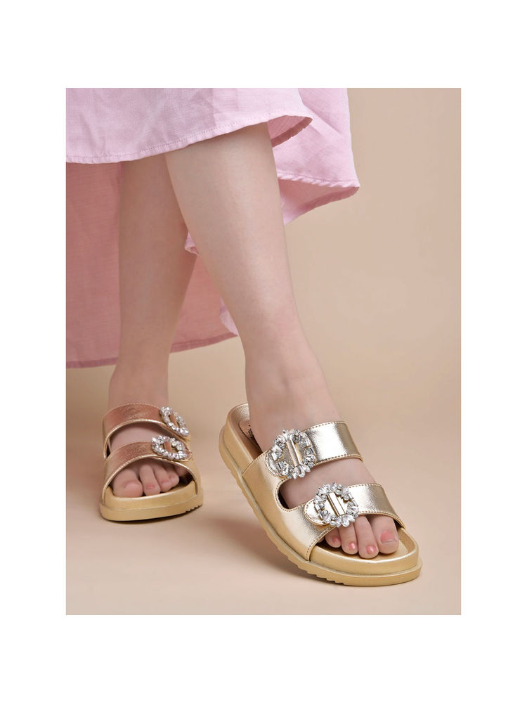 Shoetopia Embellished Golden Flats for Women-picture-23