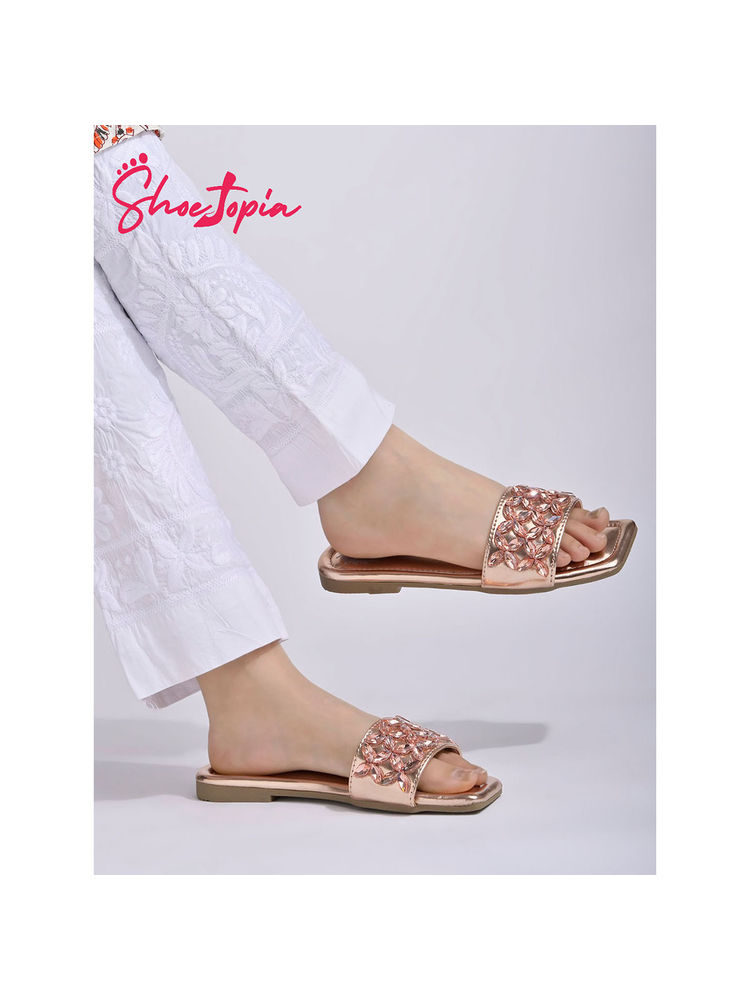 Shoetopia Embellished Rhinestone Rose-Gold Flats for Women-picture-10
