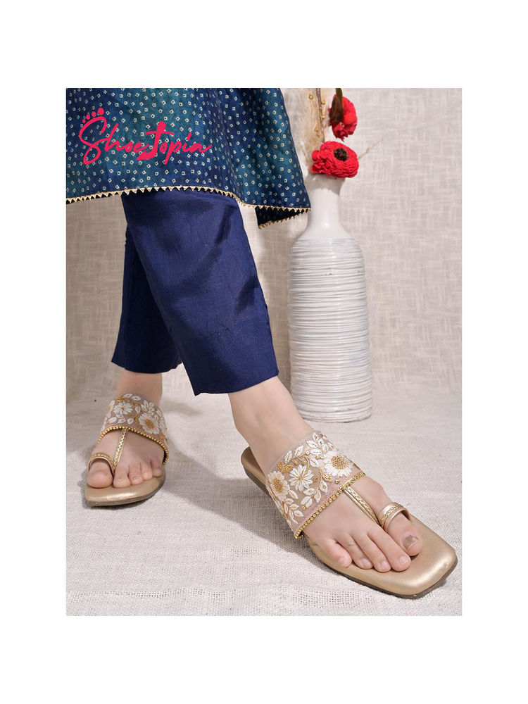Shoetopia Embellished Golden Kolhapuri Flats for Women