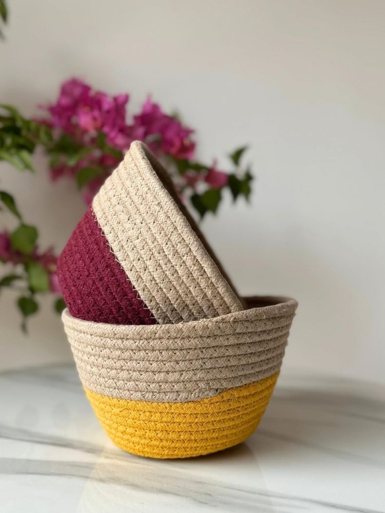 JASMEY HOMES Bloom & Colour Pop Cotton Tokri Set Yellow & Maroon Organiser-picture-16