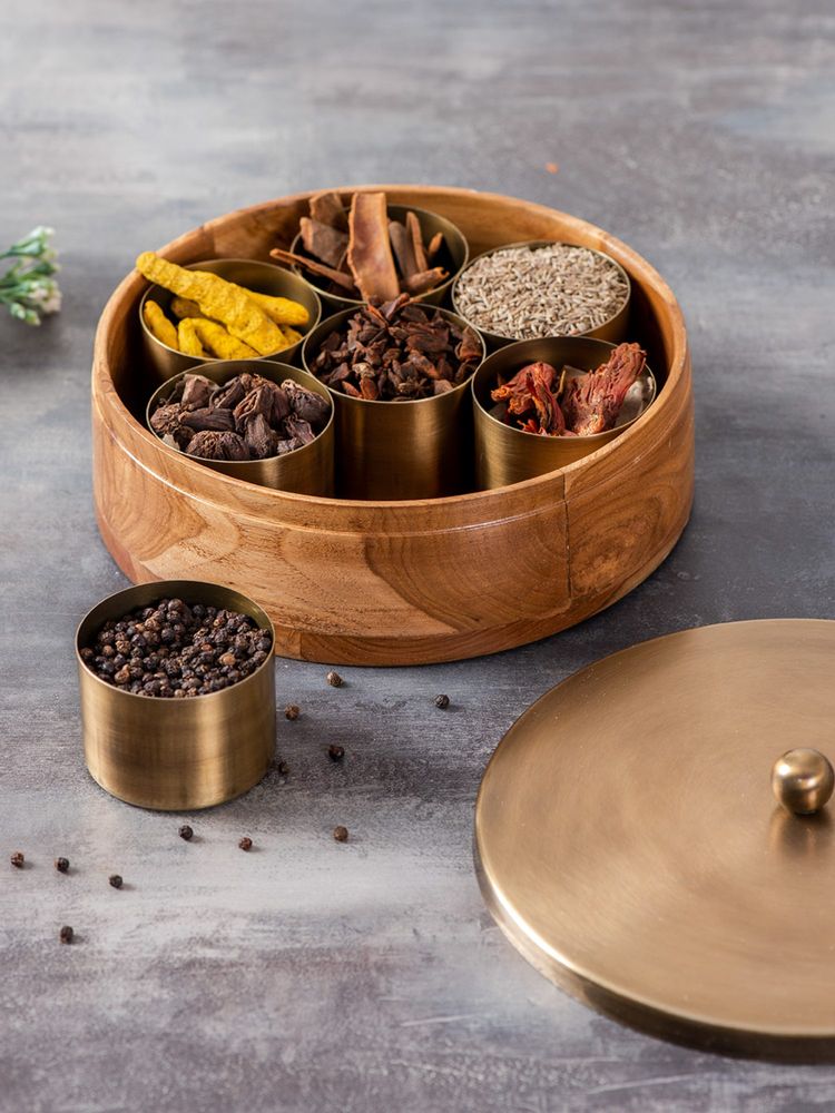 Nestroots Classic Acacia Wood Masala Box - Gold-picture-21