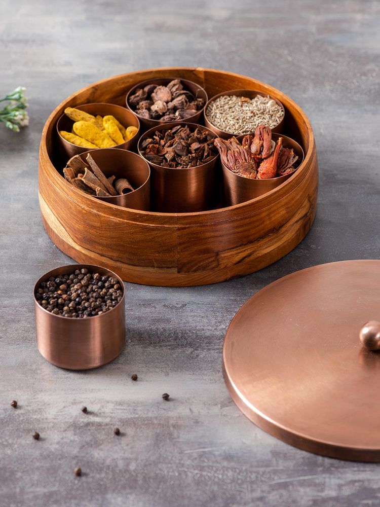 Nestroots Classic Acacia Wood Masala Box - Copper-picture-5