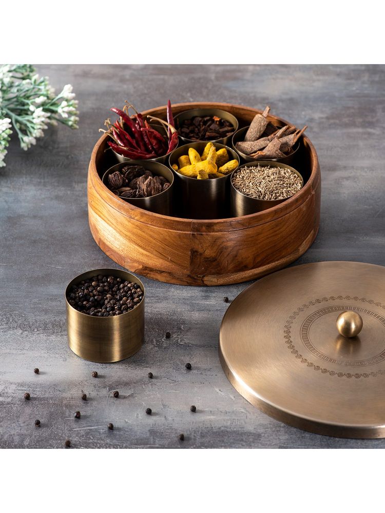 Nestroots Inscribe Acacia Wood Masala Box - Gold-image-8