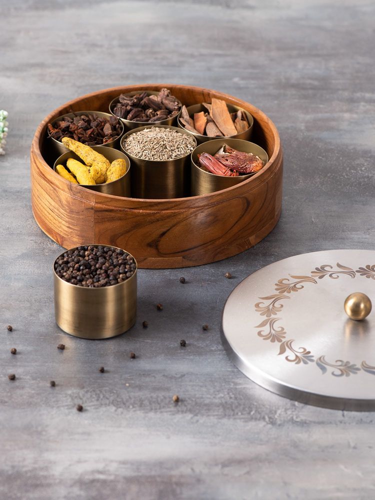 Nestroots Inscribe Acacia Wood Masala Box - Silver-picture-3