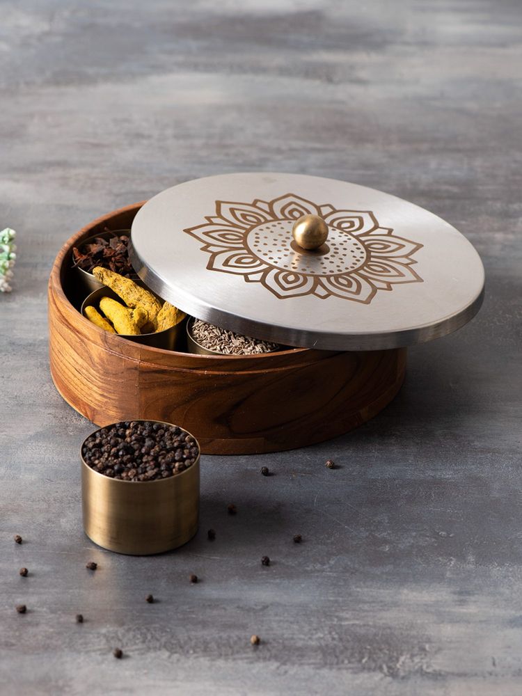 Nestroots Inscribe Acacia Wood Masala Box - Floral Silver-picture-7