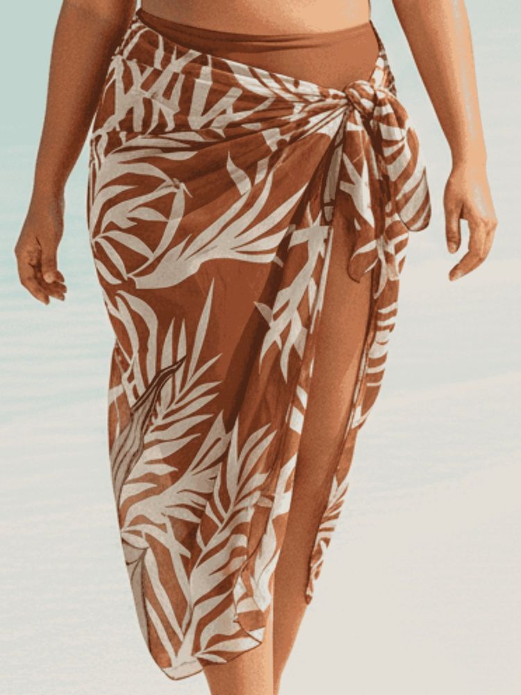 Addery Tropical Leaf Print Tie-Front Chiffon Sarong Beach Cover-Up-image-5