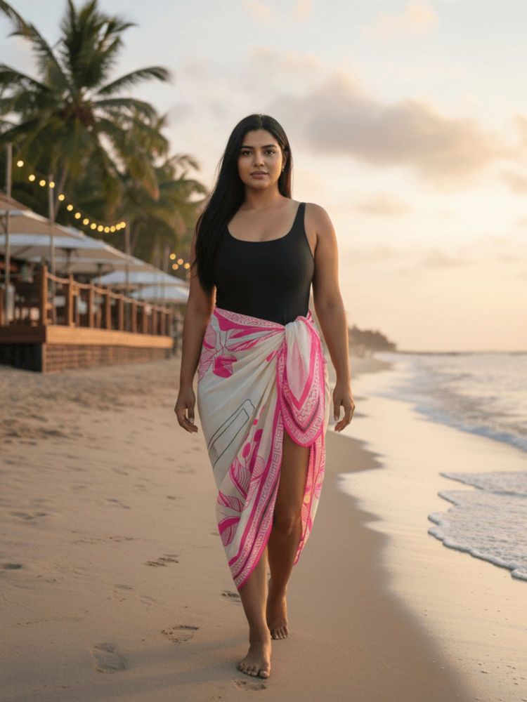 Addery Cream And Hot Pink Botanical Print Grecian Border Sarong Beach Cover-Up-picture-20
