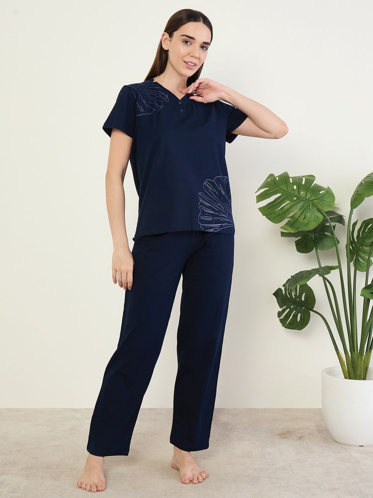 Sweet Dreams Womens Printed Top And Pyjama Navy Blue-picture-32