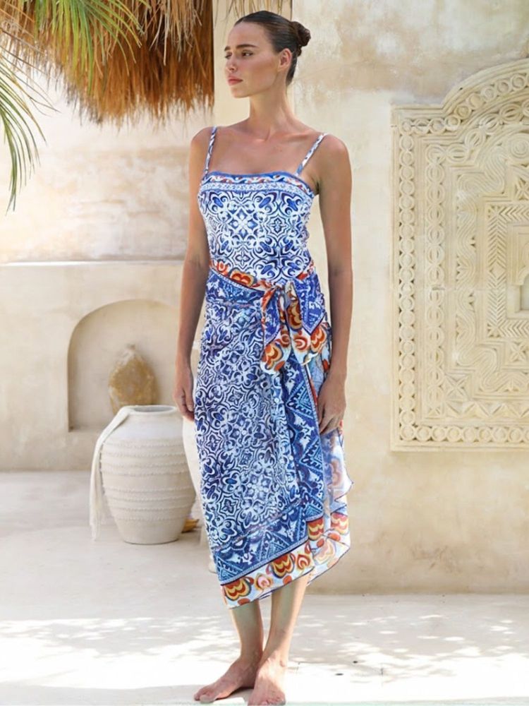 Addery Blue Mosaic Print Monokini With Sarong-image-14