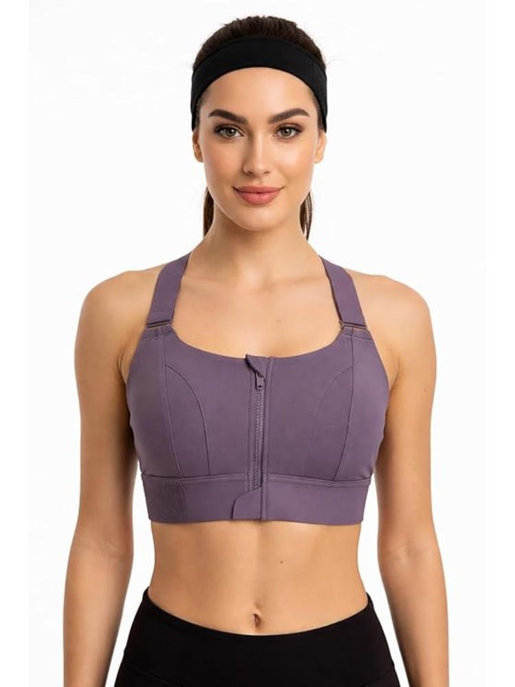 BRACHY Women Plus Size Front Zip High Impact Adjustable Straps Sport Bra Purple-picture-25
