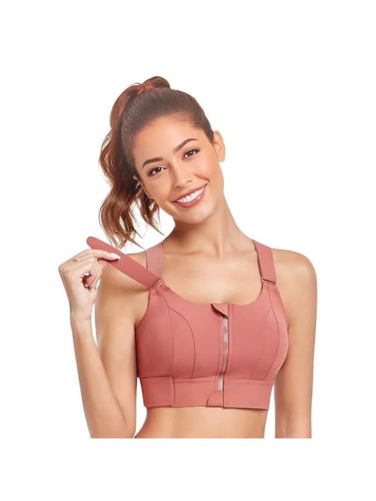BRACHY Women Plus Size Front Zip High Impact Adjustable Straps Sport Bra Rose Pink-picture-20