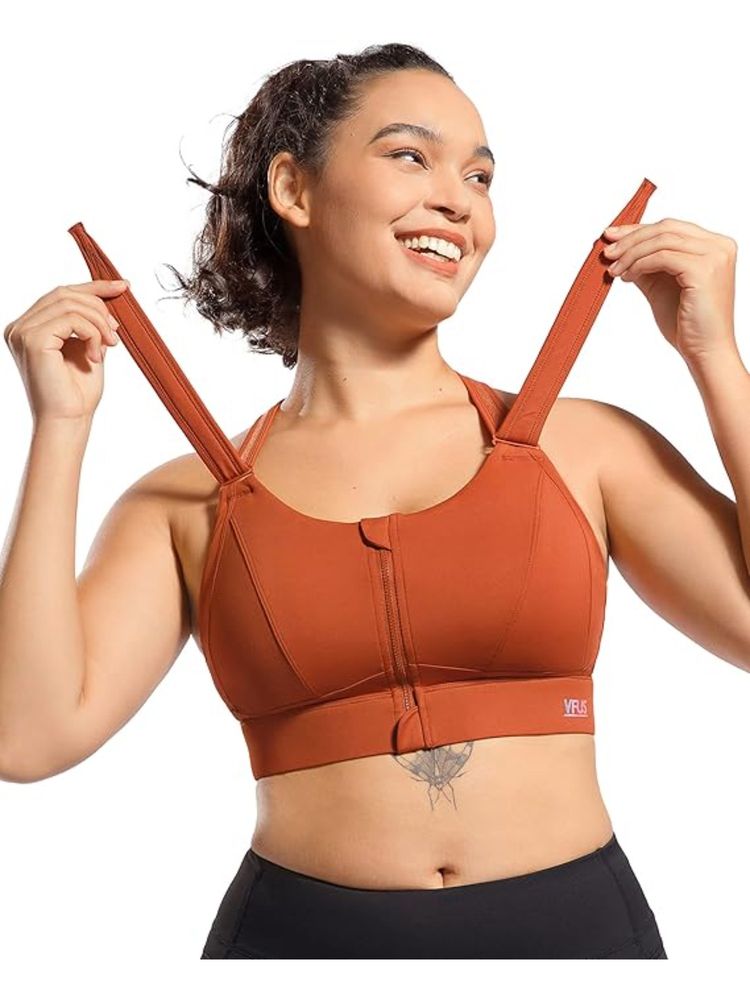 BRACHY Women Plus Size Front Zip High Impact Adjustable Straps Sport Bra Brown-picture-45