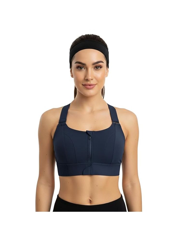 BRACHY Women Plus Size Front Zip High Impact Adjustable Straps Sport Bra Navy Blue-picture-17