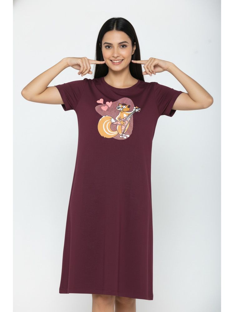 Zivame Farm Lore Knit Cotton Knee Length Nightdress - Fig Maroon-picture-18
