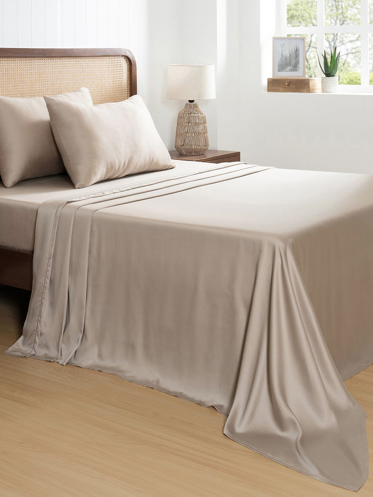 Maspar Tencel Beige Solid 400 TC Bedsheet with 2 Pillow Covers (King)-image-25