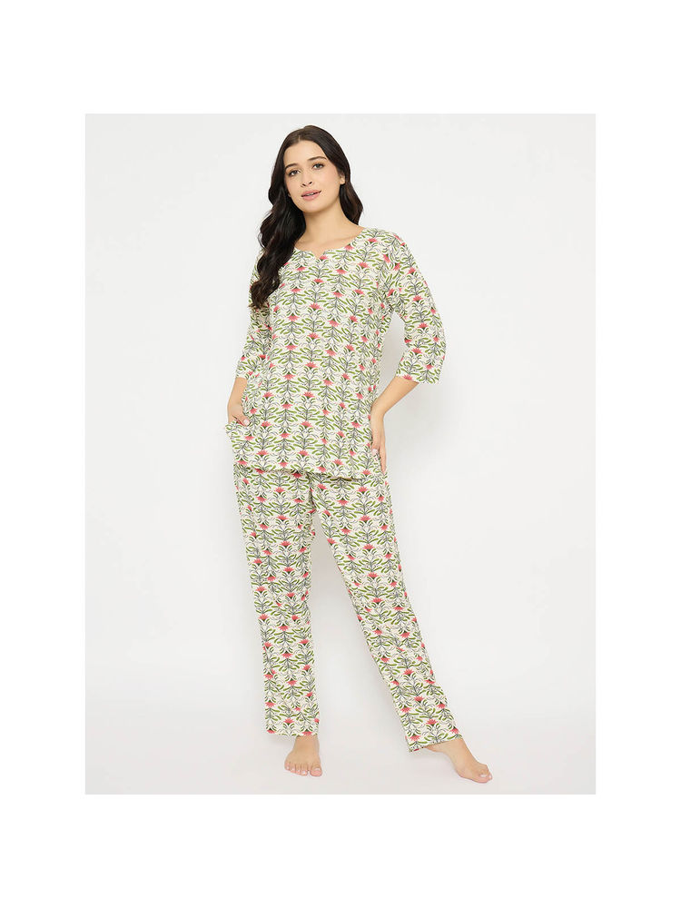 Clovia Rayon Printed Top and Pyjama White (Set of 2)-image-11