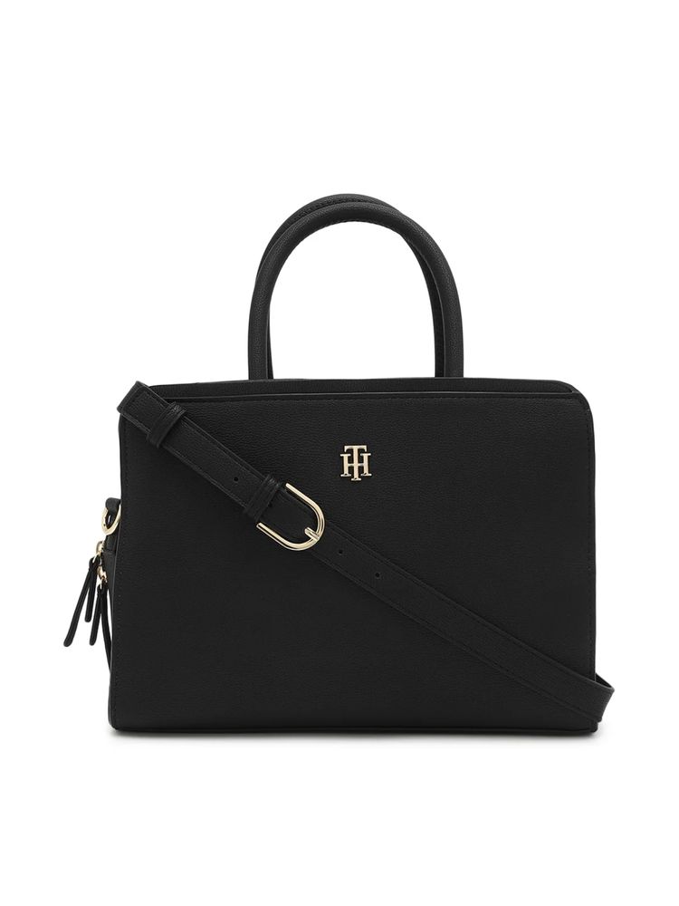 tommy hilfiger accessories Tommy Hilfiger Solid Black Pu Handbag with Detachable Strap-picture-16