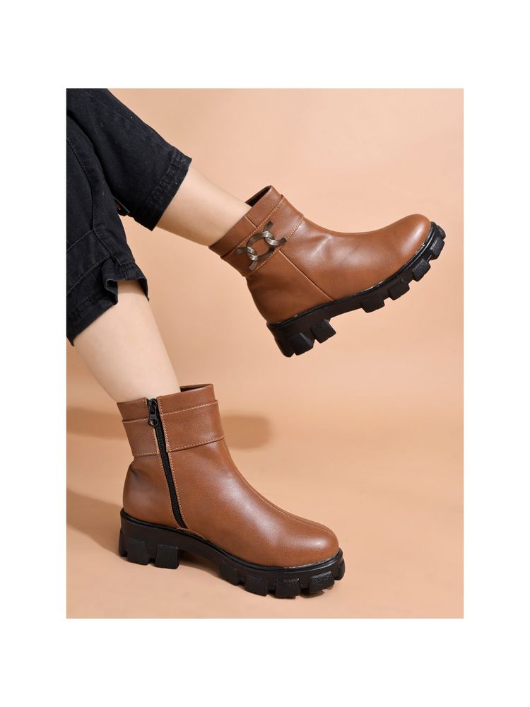 Shoetopia Smart Casual Side Buckle Detailed Tan Boots for Women-picture-23