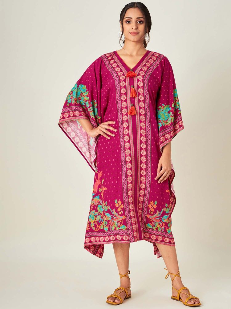 The Kaftan Company Pink Patterned Borders And Flora Resort Dress