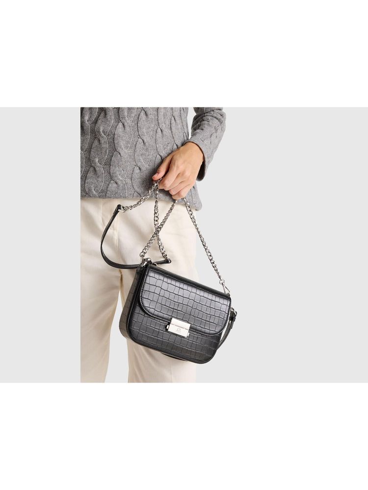 united colors of benetton fashion United Colors of Benetton Women Textured Croc-Effect Flap Sling Bag with Detachable Strap - Black-picture-17