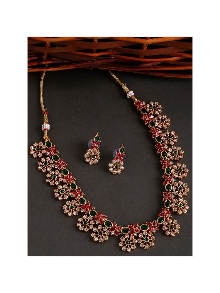 OOMPH Antique Gold Tone Red & Green Stone Necklace Set with Earrings-picture-21