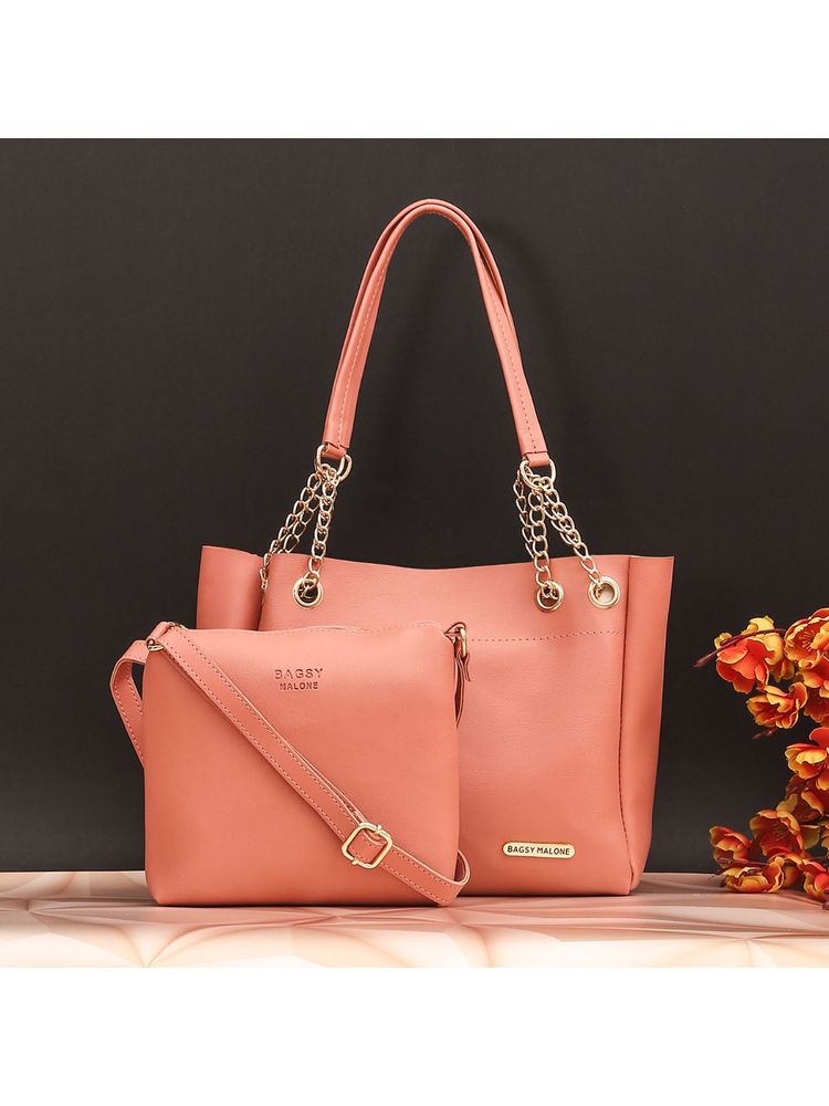 Bagsy Malone Womens Pink Vegan Leather Stylish Tote Bag (Set of 2)-image-29