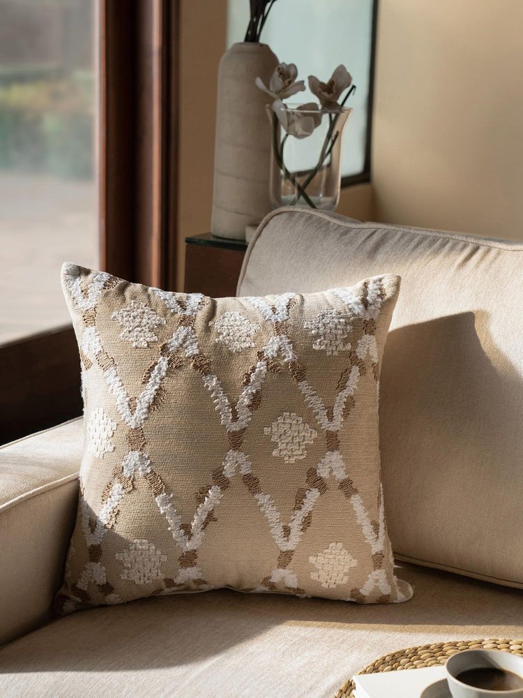 Maspar Cotton Embroidered Square Cushion Cover for Sofa & Bed Decor - Off White (M)-image-1