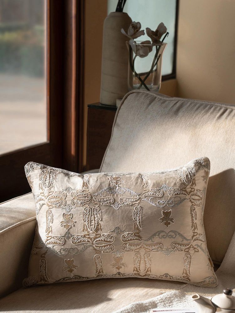 Maspar 100% Cotton Embroidered Rectangular Cushion Cover for Sofa & Bed Decor - Off White (M)-picture-12