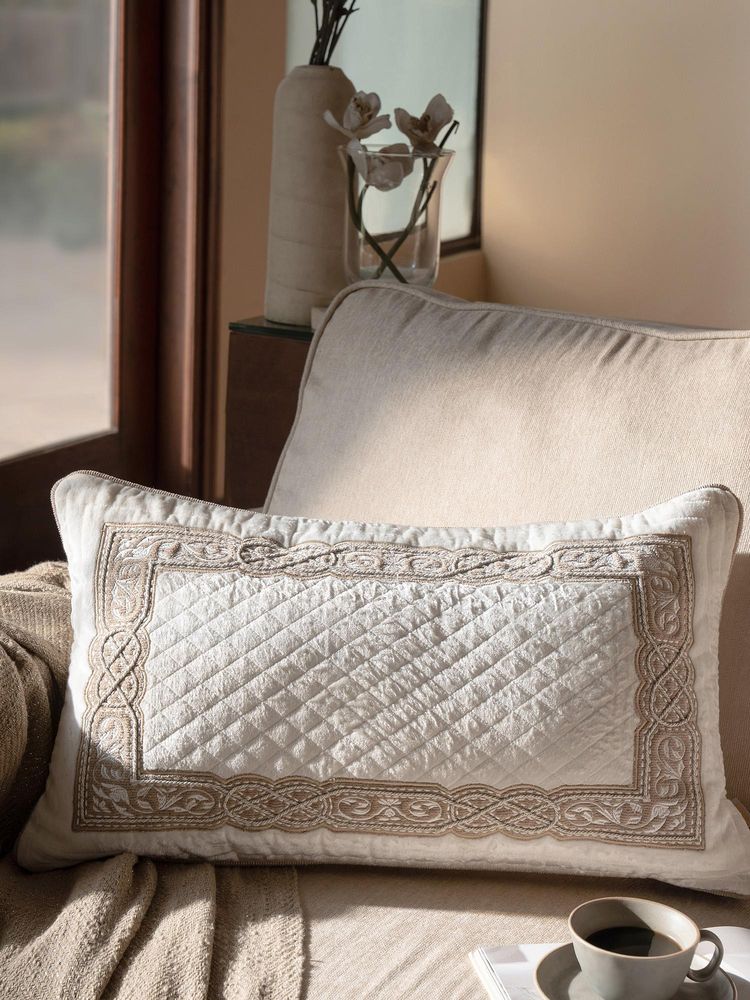 Maspar 100% Cotton Embroidered Rectangular Cushion Cover for Sofa & Bed Decor - Ivory (M)-image-8