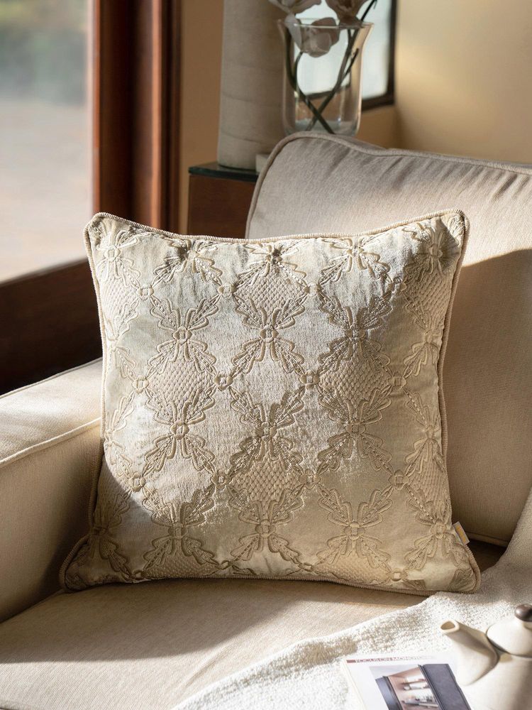 Maspar Cotton Embroidered Square Cushion Cover for Sofa & Bed Decor - Beige (M)-picture-25