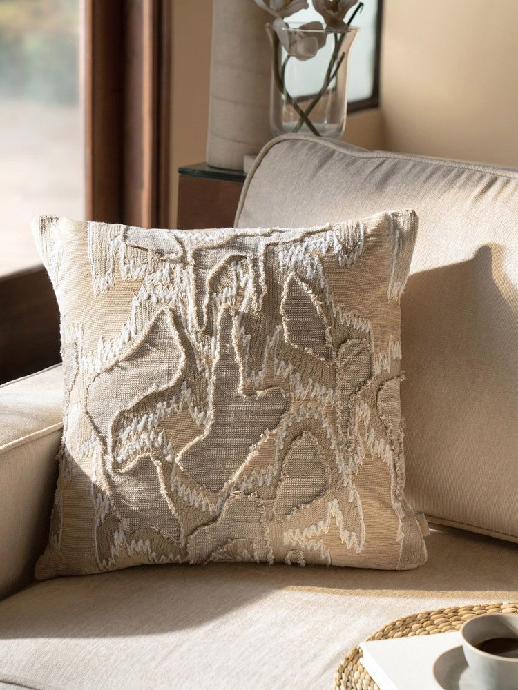 Maspar Cotton Embroidered Square Cushion Cover for Sofa & Bed Decor - Beige (M)-image-30