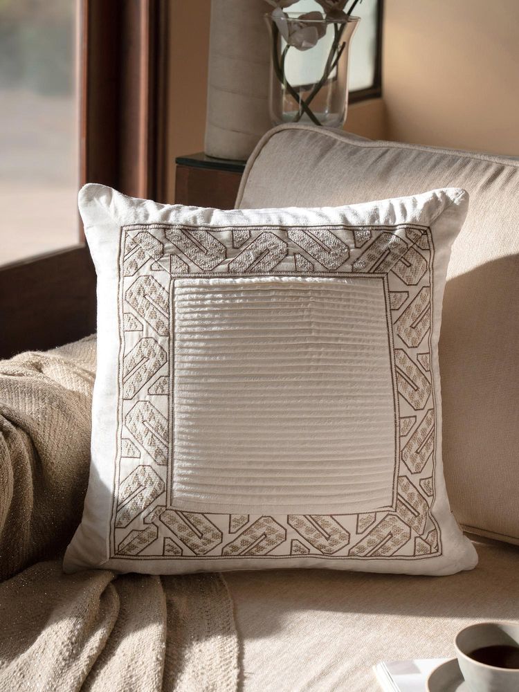 Maspar Cotton Embroidered Square Cushion Cover for Sofa & Bed Decor - Ivory (M)-picture-11