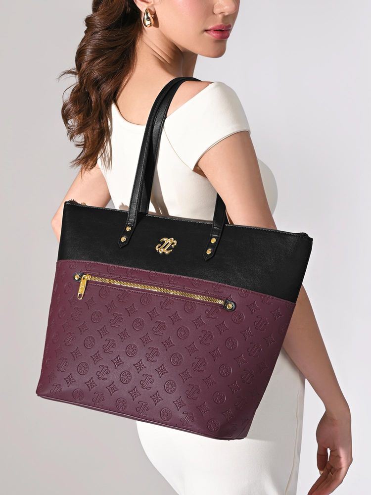 Lavie Signature Colour block New York Tote Bag -Maroon (Large)-image-29