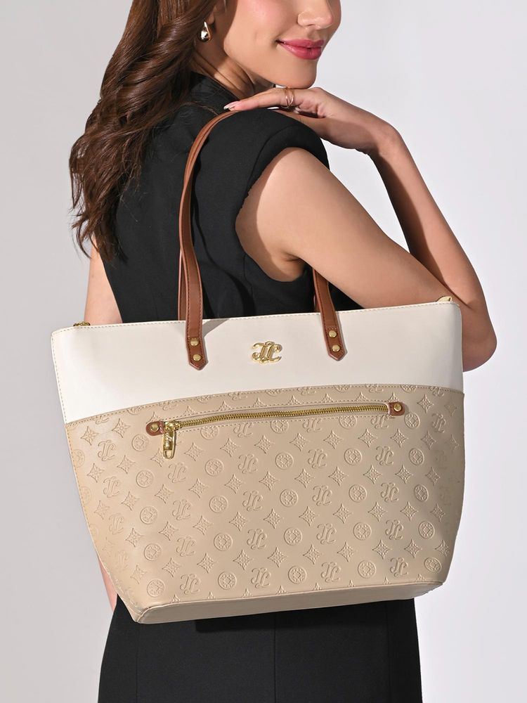 Lavie Signature Colour block New York Tote Bag -Beige (Large)-image-31