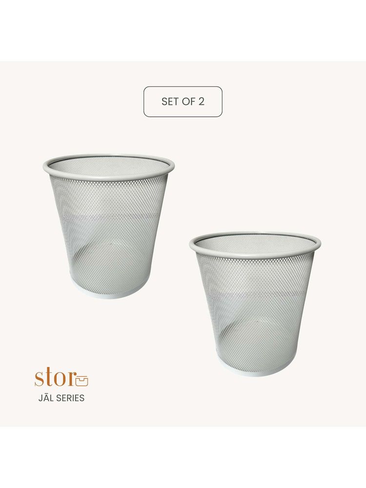 STOR Ecru Off White Round Mesh Trash Can - 7L Rust-Proof Metal Waste Bin (Pack of 2)-image-49