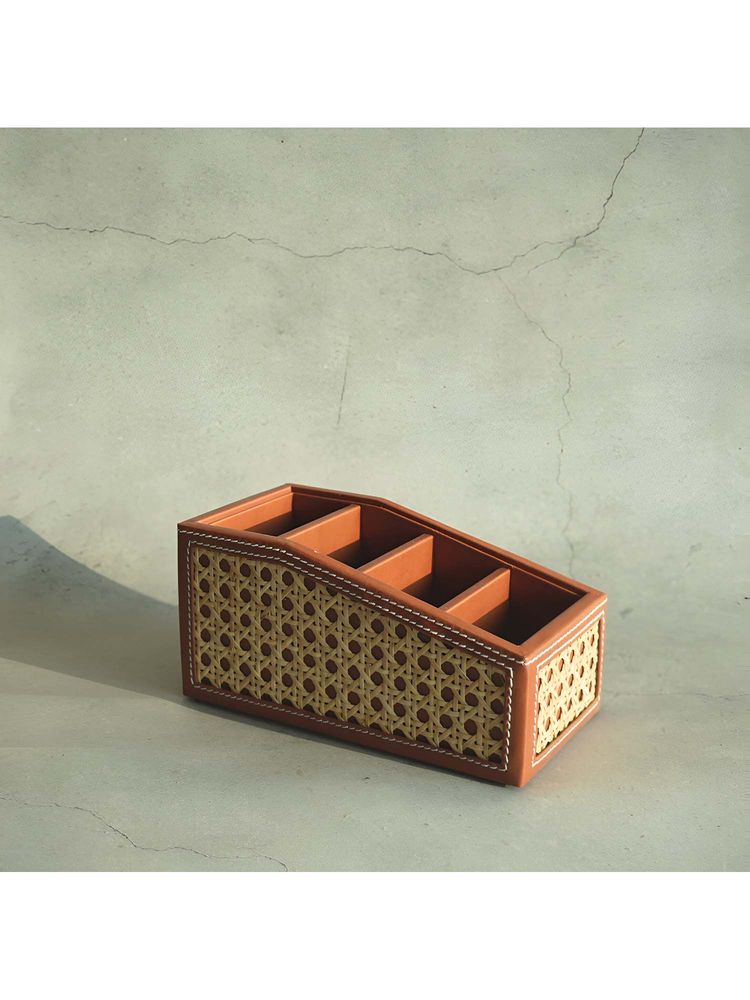 STOR Tan Brown Pu Leather & Rattan Remote Control Organiser-image-16