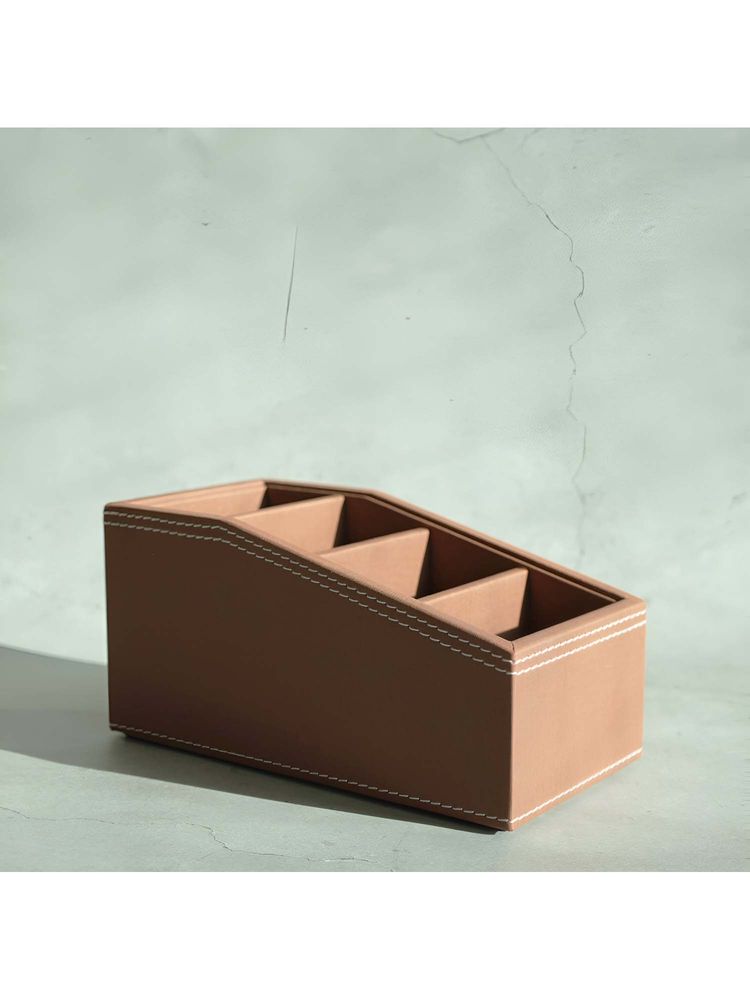 STOR Umber Brown Pu Leather & Rattan Remote Control Organiser-image-8