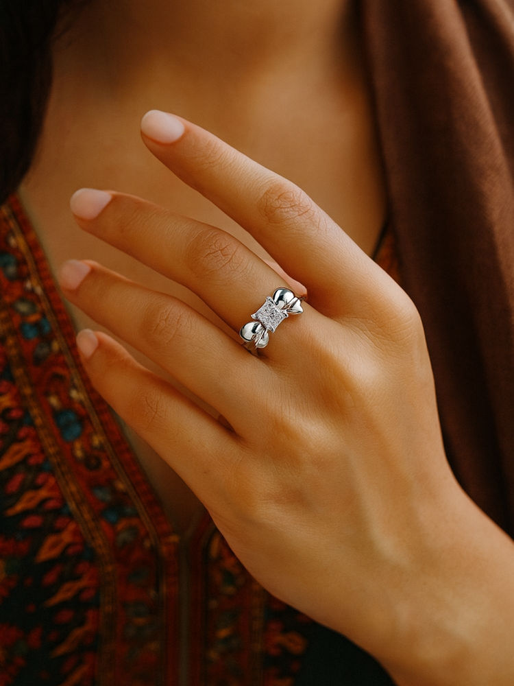 Digital Dress Room White Silver-Plated American Diamond Bow Ring-image-40