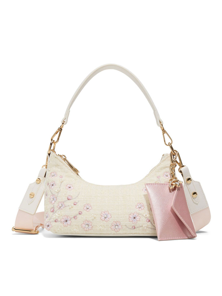 Aldo White Textile Floral Handbag with Detachable Strap-picture-21
