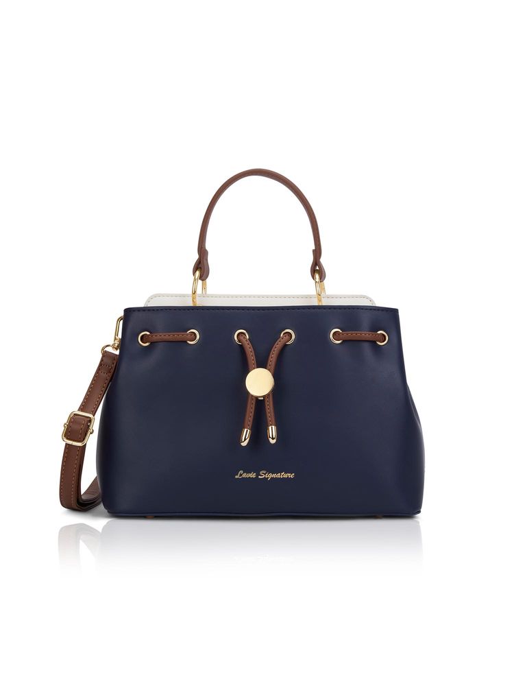 Lavie Signature Navy Blue Synthetic Leather Solid Handbag with Detachable Strap-image-34