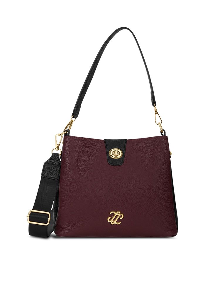 Lavie Signature Wine Synthetic Leather Colorblock Handbag with Detachable Strap-image-0