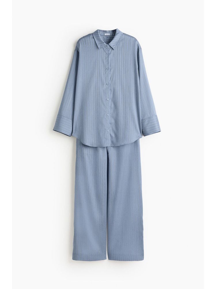 H&M Women Blue Striped Lyocell Satin Pyjamas And Shirt-picture-10