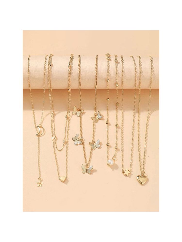 Jewels Galaxy Gold Plated Gold Toned Layered Necklace (Pack of 6)